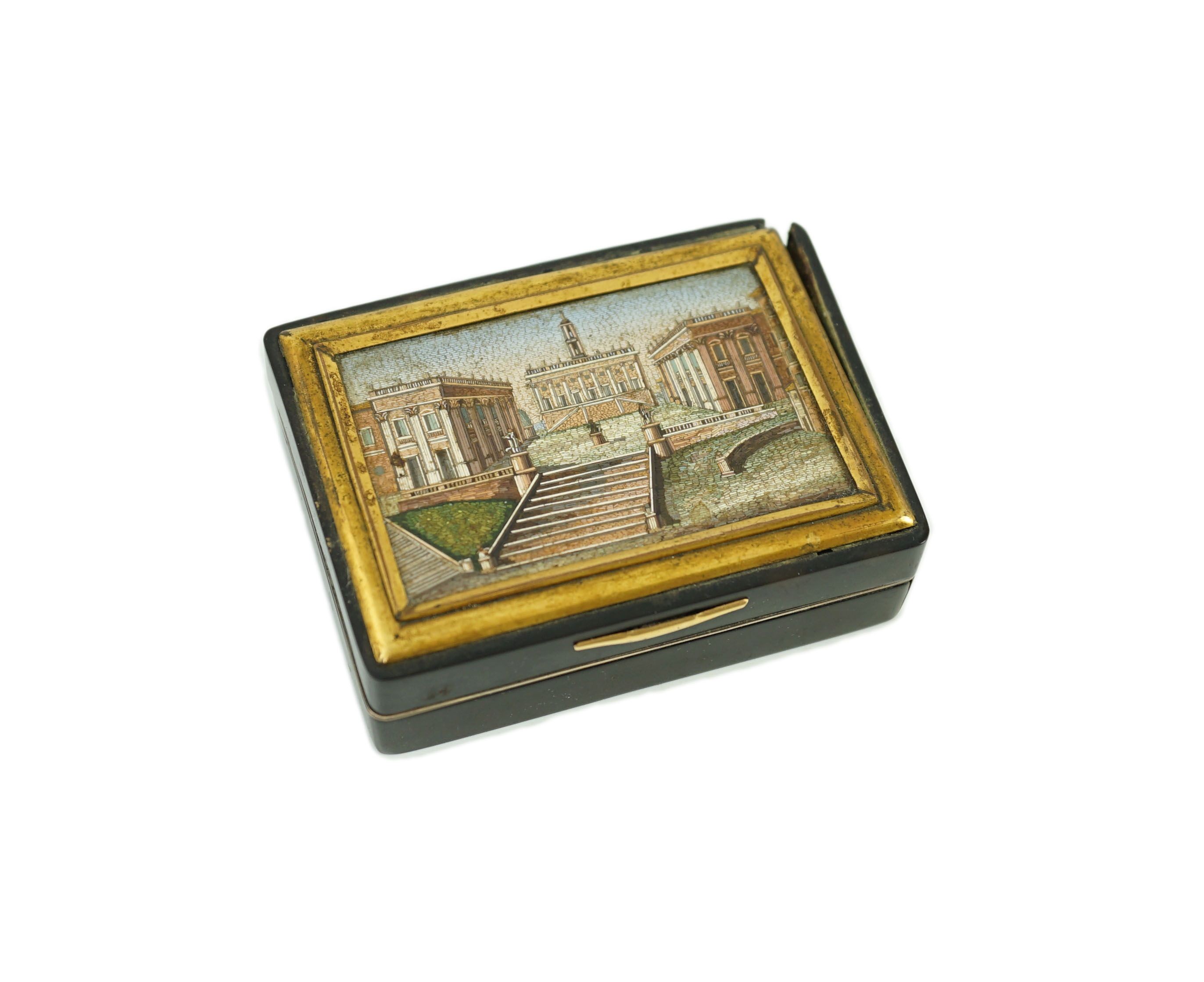 A 19th century French micro mosaic topped gold mounted tortoiseshell snuff box, 8.5 x 6.25cm, 2.5cm high